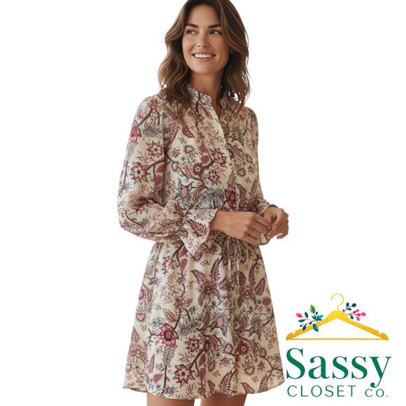 BCBGMAXAZRIA Burgundy Paisley Long Sleeve Jumpsuit Shorts Women’s XS Boho EUC - Picture 1 of 6